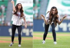 Megan Fox se baja de los tacones y se sube al montículo de pitcheo en Seúl, Corea