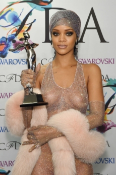 Rihanna deja ver casi todo con un vestido traslúcido de 230.000 cristales