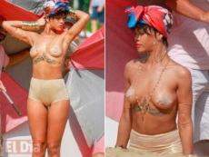 Rihanna deja ver sus senos en playa de Brasil